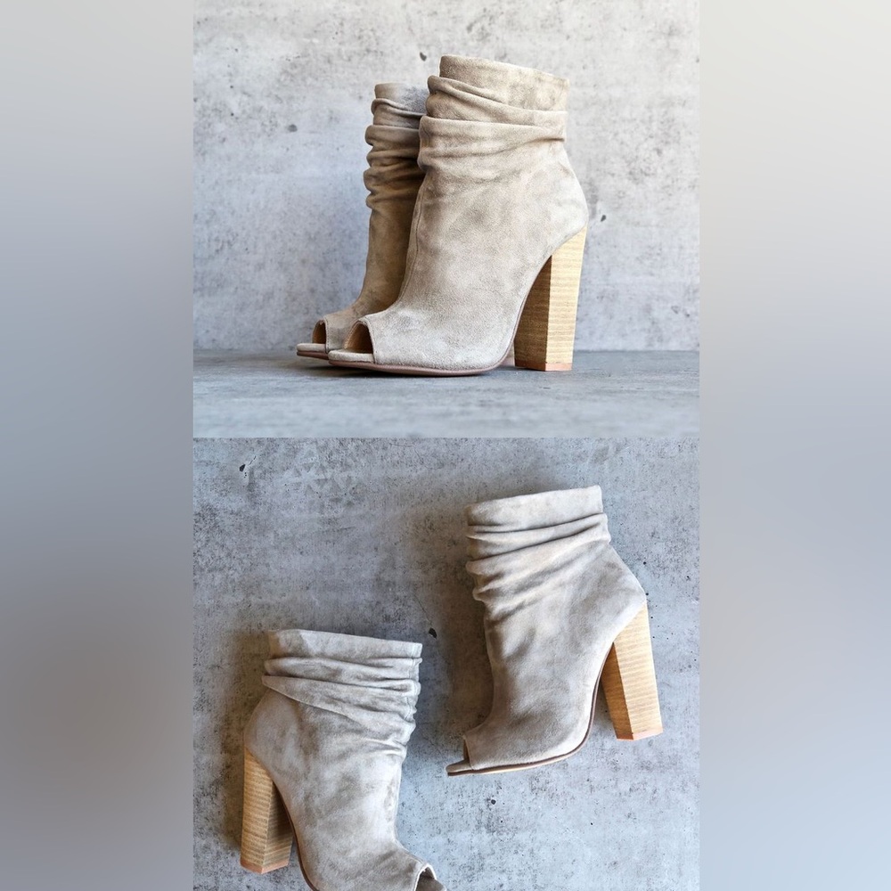 Chinese Laundry Laurel Grey Kid Suede Peep
Toe Booties boots heel heeled taupe